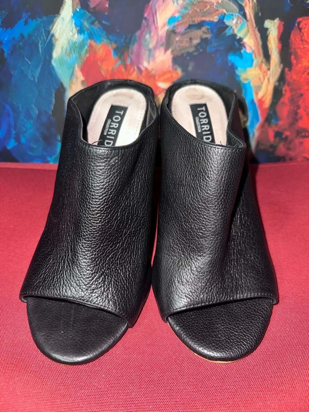 No.19 Torrid Black Leather Peep-Toe Mules with Wooden Heels, Size 8W US